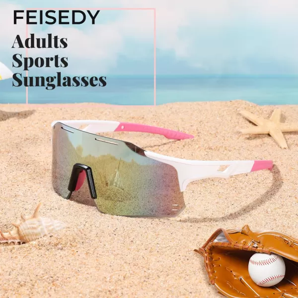 FEISEDY Cycling Glasses Sports Sunglasses for Men Women Youth Kids Baseball Softball Running Sunglasses B0223White Frame Pink Mirrored Lens