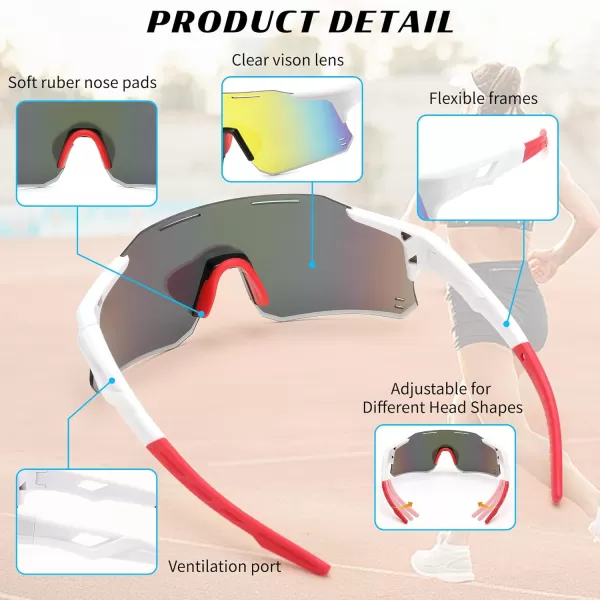 FEISEDY Cycling Glasses Sports Sunglasses for Men Women Youth Kids Baseball Softball Running Sunglasses B0223White Frame Red Mirrored Lens