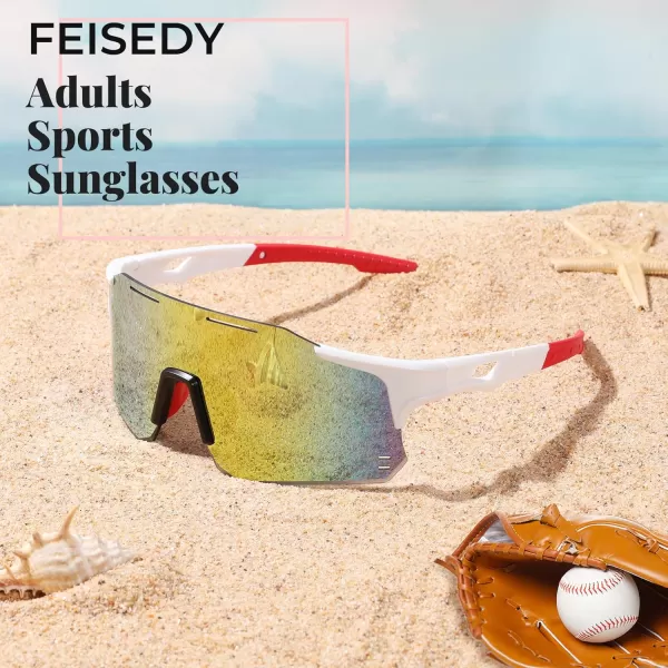 FEISEDY Cycling Glasses Sports Sunglasses for Men Women Youth Kids Baseball Softball Running Sunglasses B0223White Frame Red Mirrored Lens