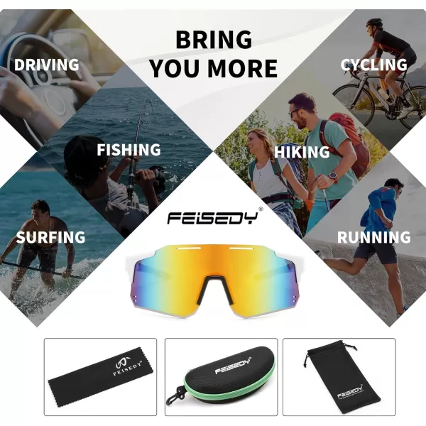 FEISEDY Cycling Glasses Sports Sunglasses for Men Women Youth Kids Baseball Softball Running Sunglasses B0223White Frame Red Mirrored Lens