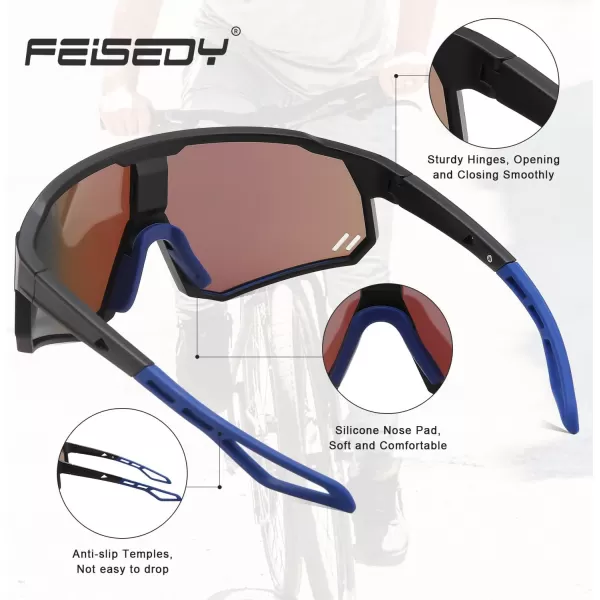 FEISEDY Polarized Cycling Glasses Sports Sunglasses UV400 Protection Baseball Running Glasses for Men Women Youth B0180Black Frame Blue Mirrored Lens