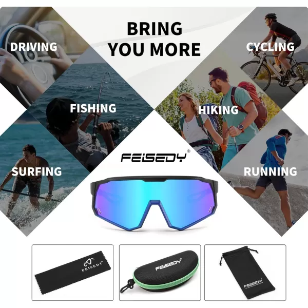 FEISEDY Polarized Cycling Glasses Sports Sunglasses UV400 Protection Baseball Running Glasses for Men Women Youth B0180Black Frame Blue Mirrored Lens