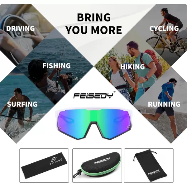 FEISEDY Polarized Cycling Glasses Sports Sunglasses UV400 Protection Baseball Running Glasses for Men Women Youth B0180White Frame Green Mirrored Lens