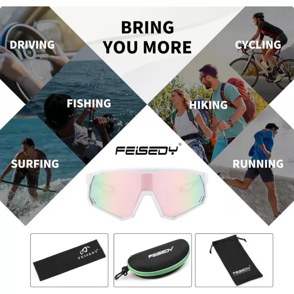 FEISEDY Polarized Cycling Glasses Sports Sunglasses UV400 Protection Baseball Running Glasses for Men Women Youth B0180White Frame Pink Mirrored Lens