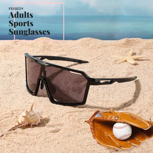 FEISEDY Sports Cycling Sunglasses for Men Women UV400 Protection Baseball Running Fishing Biking B0168Black Frame Grey Lens