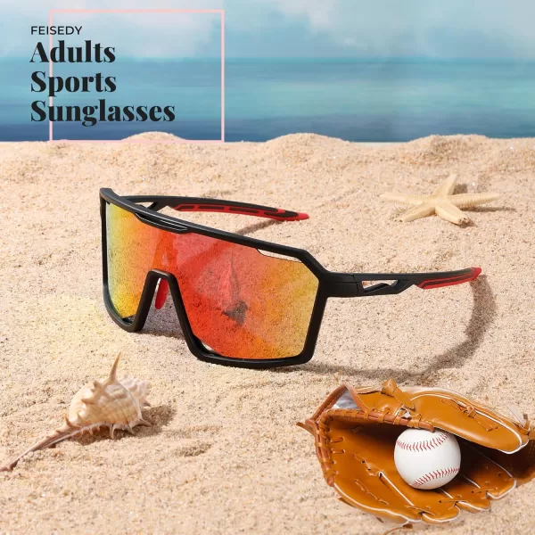 FEISEDY Sports Cycling Sunglasses for Men Women UV400 Protection Baseball Running Fishing Biking B0168Black Frame Red Mirrored Lens