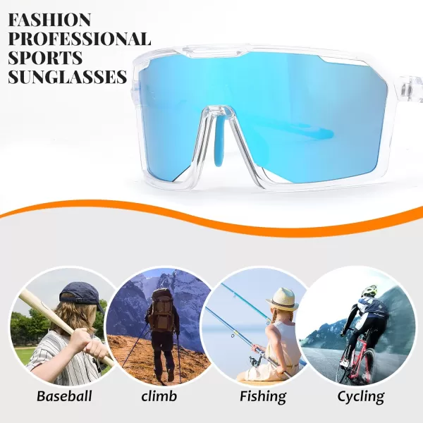 FEISEDY Sports Cycling Sunglasses for Men Women UV400 Protection Baseball Running Fishing Biking B0168Clear Frame Blue Mirrored Lens