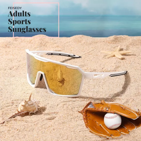 FEISEDY Sports Cycling Sunglasses for Men Women UV400 Protection Baseball Running Fishing Biking B0168White Frame Gold Mirrored Lens