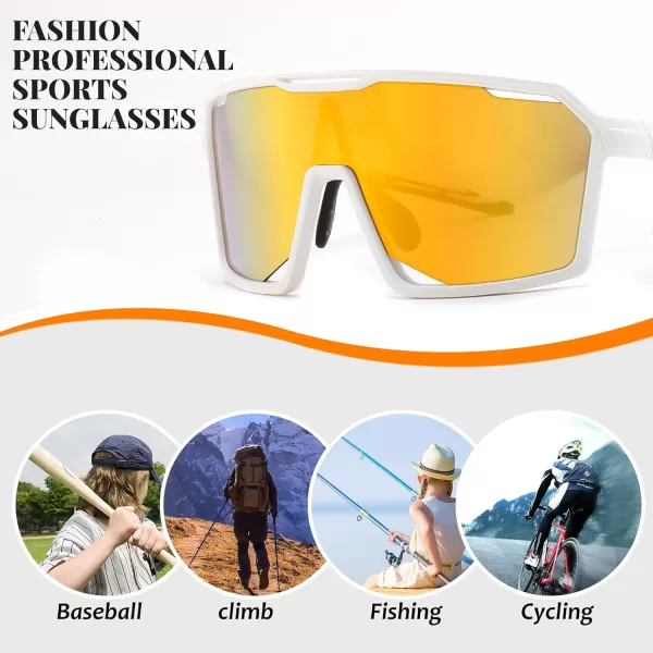 FEISEDY Sports Cycling Sunglasses for Men Women UV400 Protection Baseball Running Fishing Biking B0168White Frame Gold Mirrored Lens