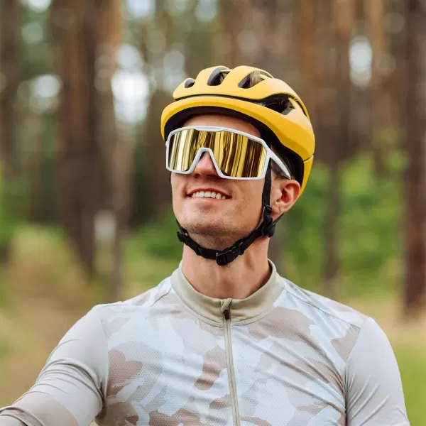 FEISEDY Sports Cycling Sunglasses for Men Women UV400 Protection Baseball Running Fishing Biking B0168White Frame Gold Mirrored Lens