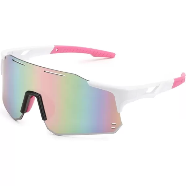 FEISEDY Cycling Glasses Sports Sunglasses for Men Women Youth Kids Baseball Softball Running Sunglasses B0223White Frame Pink Mirrored Lens