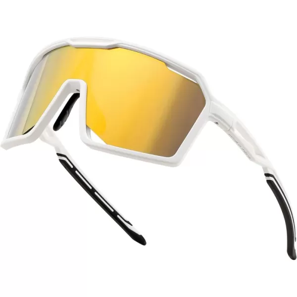 FEISEDY Sports Cycling Sunglasses for Men Women UV400 Protection Baseball Running Fishing Biking B0168White Frame Gold Mirrored Lens