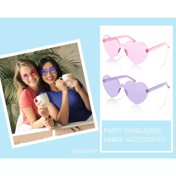 FEISEDY 2 Pack Rimless Heart Shaped Sunglasses Party Glasses Disco One Piece Transparent Trendy Love Glasses B2826F2Purple  Pink