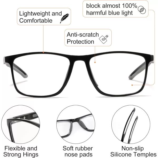 FEISEDY Blue Light Glasses for Women Men TR90 Sports UltraLight Glasses Anti Glare UV Protection B0109Bright Black Frame  Grey Legs