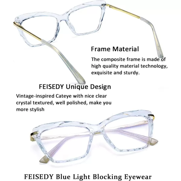 FEISEDY Crystal Cat Eye Glasses Frame Blue Light Blocking Computer Eyewear B2500Blue Crystal