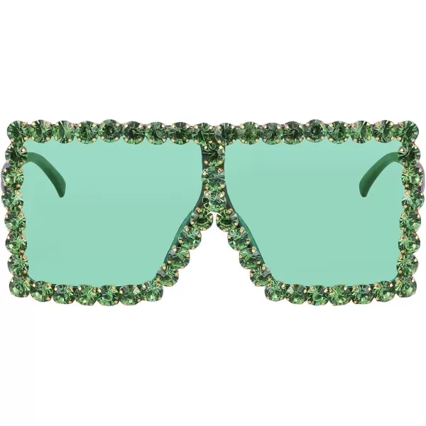 FEISEDY Oversized Sparkling Crystal Sunglasses Disco Diamond Flat Top Fashion Square Large Shades B2782002 Green Diamond  Green Lens