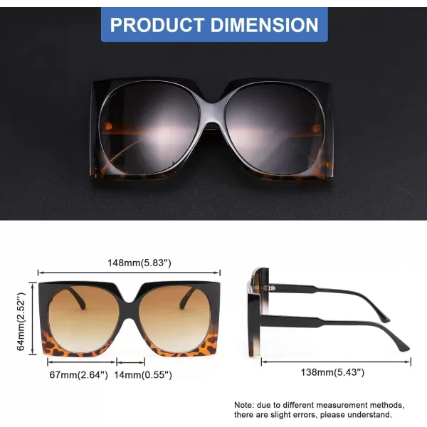 FEISEDY Vintage Big Square Sunglasses Women Fashion Large Shapes 100 UV400 Protection B2749Blackleopard Frame  Gradual Tea Lens