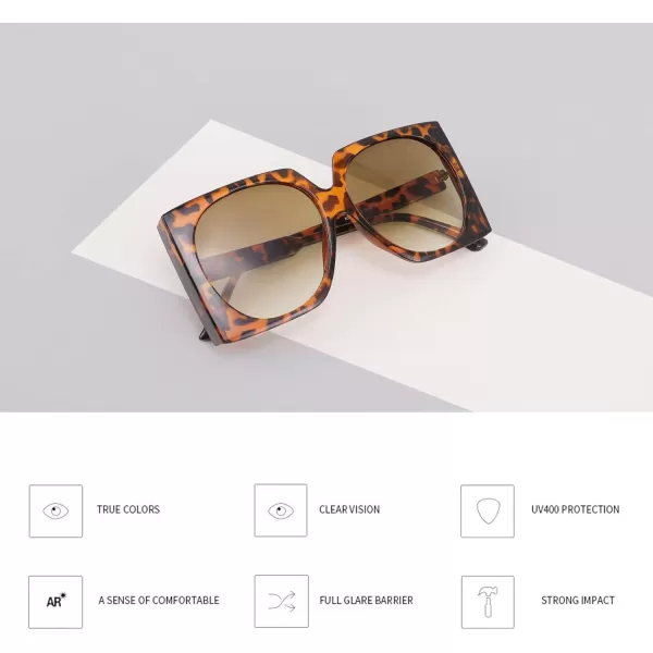 FEISEDY Vintage Big Square Sunglasses Women Fashion Large Shapes 100 UV400 Protection B2749Leopard Frame  Gradual Tea Lens