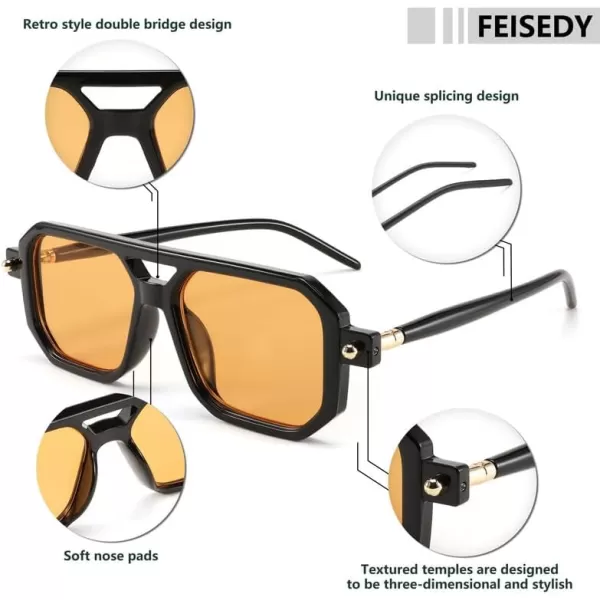 FEISEDY Vintage Square 70s Flat Aviator Sunglasses Women Men Classic Retro Stylish Frame UV400 Sunglasses B2622007 Black Frame  Orange Lens