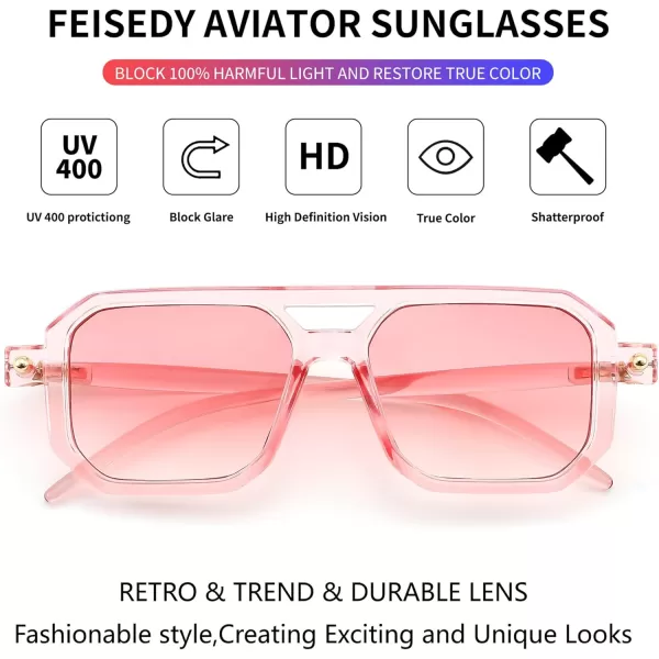 FEISEDY Vintage Square 70s Flat Aviator Sunglasses Women Men Classic Retro Stylish Frame UV400 Sunglasses B2622010 Transparent Pink  Gradient Pink Lens