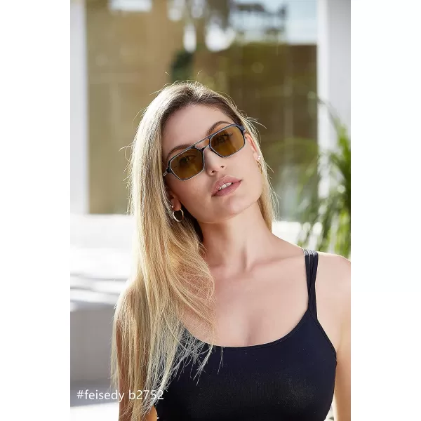 FEISEDY Vintage Square 70s Flat Aviator Sunglasses Women Men Metal Design Shades B2752Black FrameYellowish Green Lens