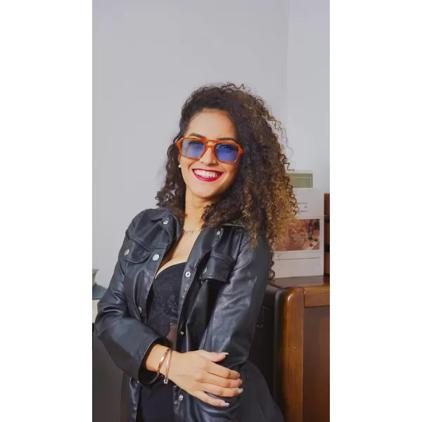 FEISEDY Vintage Square 70s Flat Aviator Sunglasses Women Men Metal Design Shades B2752Orange FrameBlue Lens