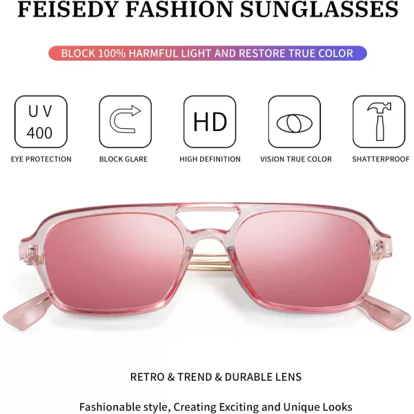 FEISEDY Vintage Square 70s Flat Aviator Sunglasses Women Men Metal Design Shades B2752Transparent Pink FramePink Mirrored Lens