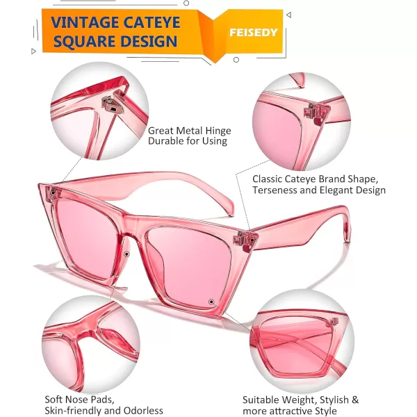 FEISEDY Vintage Square Cat Eye Sunglasses Women Trendy Cateye Sunglasses B2473Clear Pink