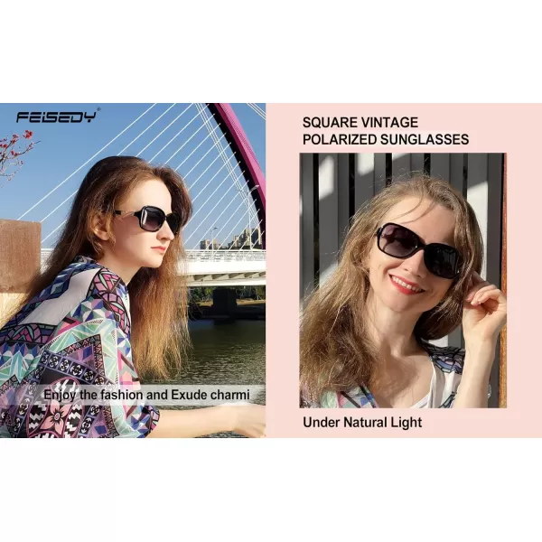 FEISEDY Vintage Square Polarized Sunglasses for Women UV400 Travel Driving Fashion Arcuate Sunglasses B2526Black