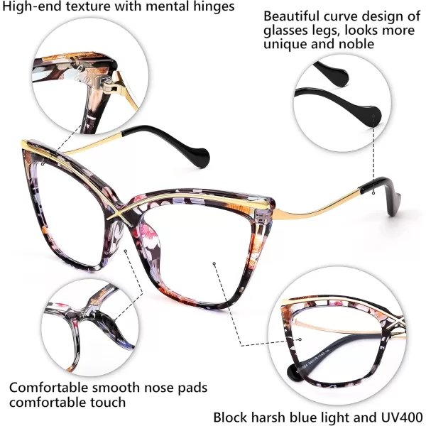 FEISEDY Women Oversized Square Blue Light Blocking Glasses Anti Eyestrain Cat Eye Fashion Eyewear B2956Floral