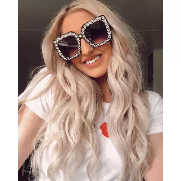 FEISEDY Women Sparkling Crystal Sunglasses Oversized Square Thick Frame B22838 Black  Grey
