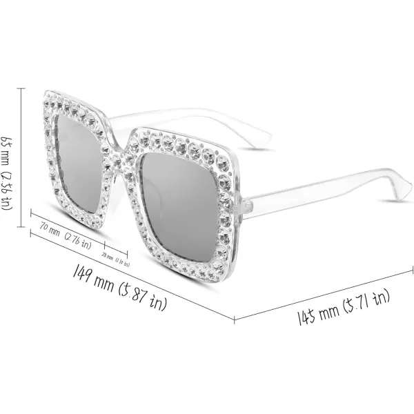 FEISEDY Women Sparkling Crystal Sunglasses Oversized Square Thick Frame B2283Mirrored White