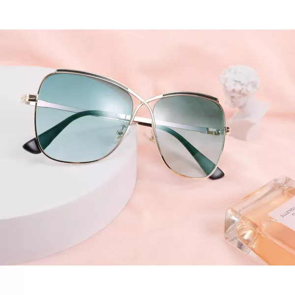 FEISEDY Womens Cute Sunglasses Oversized Butterfly X Shape Design Cateye Lady Sunglasses B2738Golden Frame  Gradual Greenpink Lens