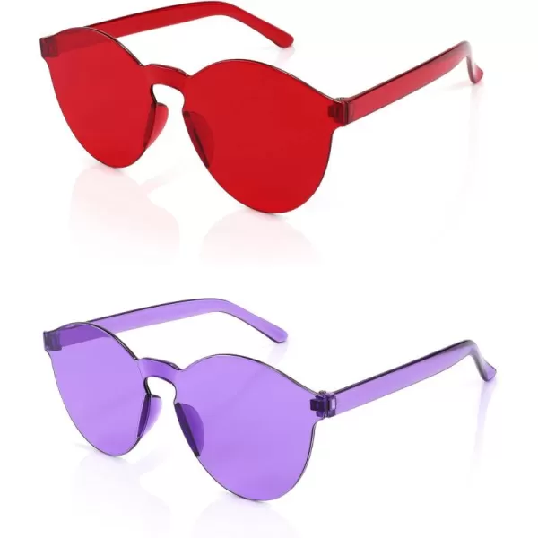 FEISEDY 2 Pack Rimless Round Shaped Sunglasses Women One Piece Transparent Candy Color Cute Glasses B2230Red  Purple