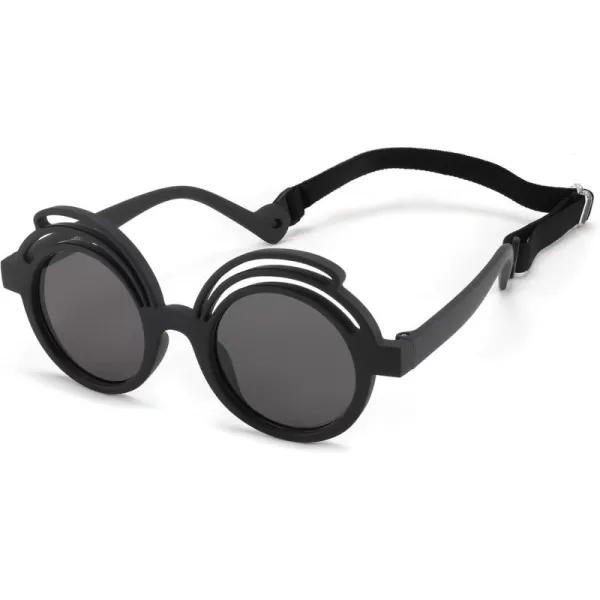 FEISEDY Baby Polarized Round Sunglasses Flexible Rubber Shades with Strap for Infant Toddler Newborn Age 024 Months B0060Black Frame  Grey Lens