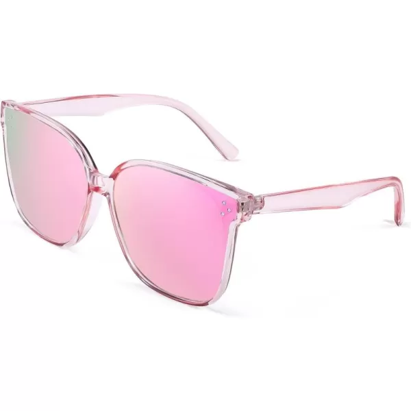 FEISEDY Retro Square Polarized Sunglasses Women Men Vintage Minimalist Shades B2600Clear Pink Frame Mirrored Pink Lenses