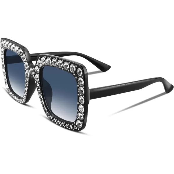 FEISEDY Women Sparkling Crystal Sunglasses Oversized Square Thick Frame B22838 Black  Grey