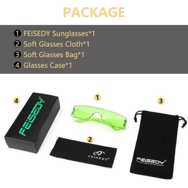 FEISEDY Futuristic Visor Punk Sunglasses Rimless One Piece Goggles Miorred Shades Women Men B2927Gradient Green Mirrored