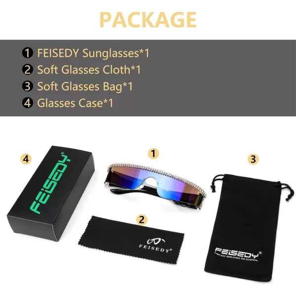 FEISEDY Futuristic Visor Punk Sunglasses Rimless One Piece Goggles Miorred Shades Women Men B2927Jeweled Frame Blue Mirrored Lens 005