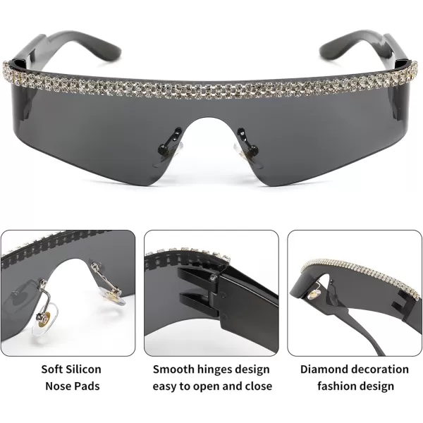 FEISEDY Futuristic Visor Punk Sunglasses Rimless One Piece Goggles Miorred Shades Women Men B2927Jeweled Frame Grey Lens 001