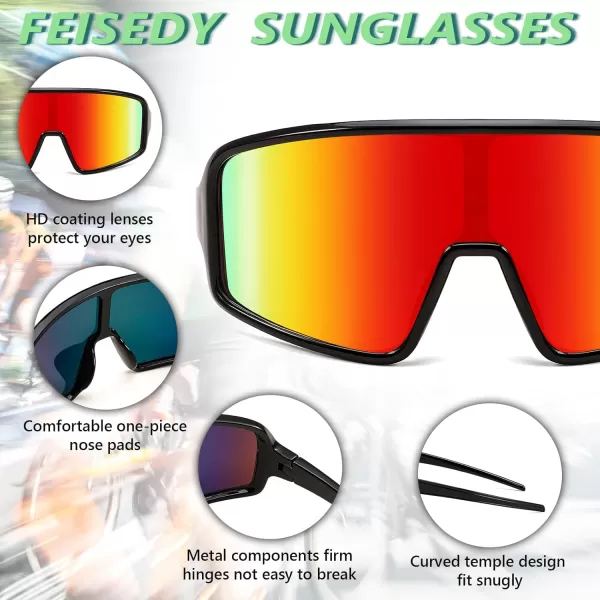 FEISEDY Men Women Sports Sunglasses Baseball Sun Glasses Cycling Fishing Running Trekking 80s 90s Youth Visor UV400 B296203 Black Frame With Red Mirror Lenses