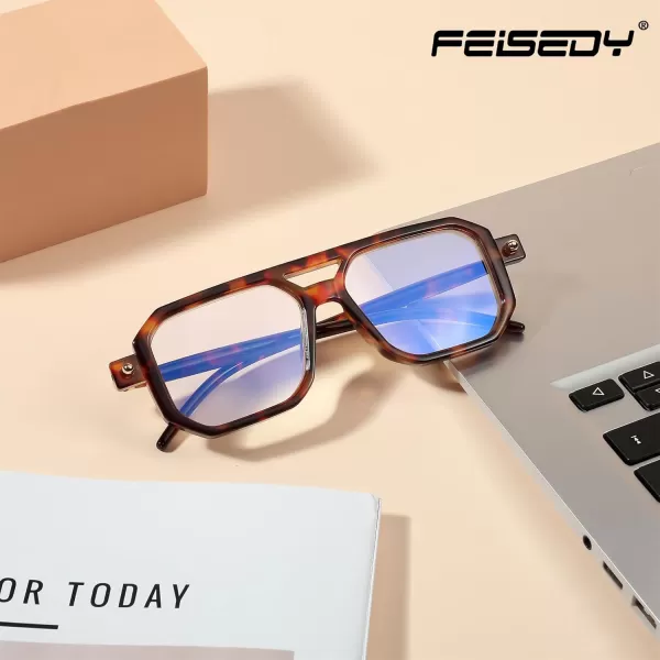 FEISEDY Reading Glasses Vintage Square Blue Light Blocking Glasses Women Men 70s Flat Aviator Glasses B0090Brown