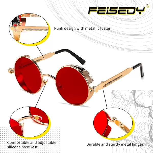 FEISEDY Retro Gothic Steampunk Sunglasses Round Metal Frame Punk Circle Inspired Shade Men B1857GoldRed