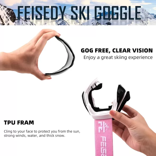 FEISEDY Ski Goggles OTG Snow Sport Goggles for Adult Youth AntiFog UV400 Protection Bendable DualLenses B2961White  Silver Vlt 12