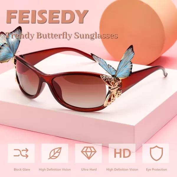FEISEDY Trendy Polarized Y2K Sunglasses Wrap Around Butterfly Design Fashion Sunnies UV400 Protection B0078Tea Frame  Gradual Tea Lens