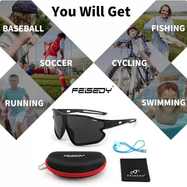 FEISEDY Unisex Youth Sunglasses Teens Baseball Tennis Sunglasses UV400 Sports Boys Girls Cycling Shades B4064Black