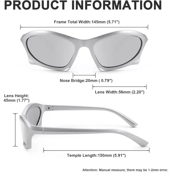 FEISEDY Wrap Around Fashion Sunglasses for Women Men Vintage Trendy Y2K Sunglasses Cool Bat Sport Sun Glasses B2335004 Silver FrameWhite Mirrored Lens