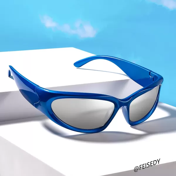 FEISEDY Y2K Futuristic Sunglasses Cool Oval Wrap Around 90s Visor Thick Frame Vintage for Men Women B2951Blue Frame  Silver Lens