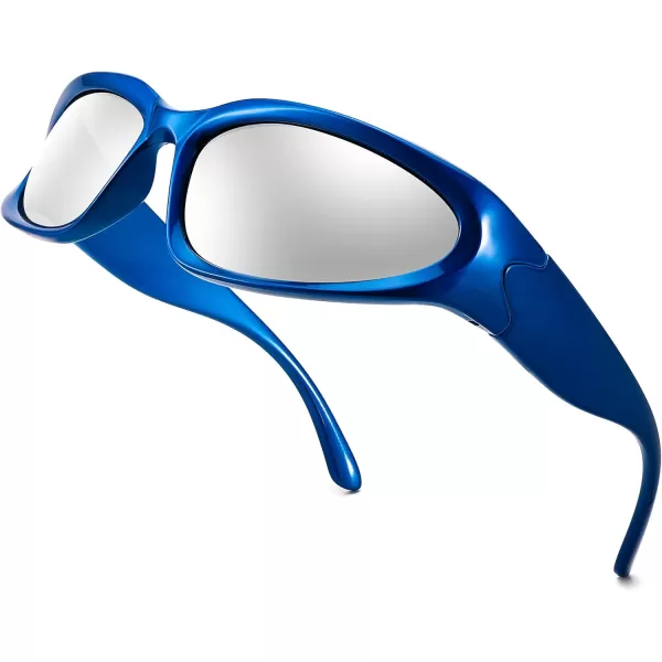 FEISEDY Y2K Futuristic Sunglasses Cool Oval Wrap Around 90s Visor Thick Frame Vintage for Men Women B2951Blue Frame  Silver Lens