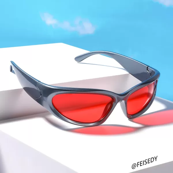FEISEDY Y2K Futuristic Sunglasses Cool Oval Wrap Around 90s Visor Thick Frame Vintage for Men Women B2951Grey Frame  Red Mirror Lens